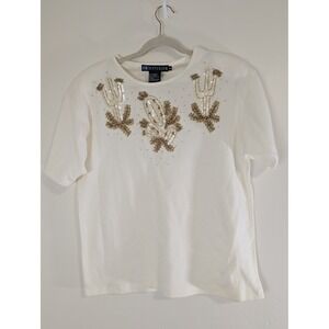 IB Diffusion Vintage White Cotton Beaded Cactus‎ Sequin Short Sleeve Top Medium